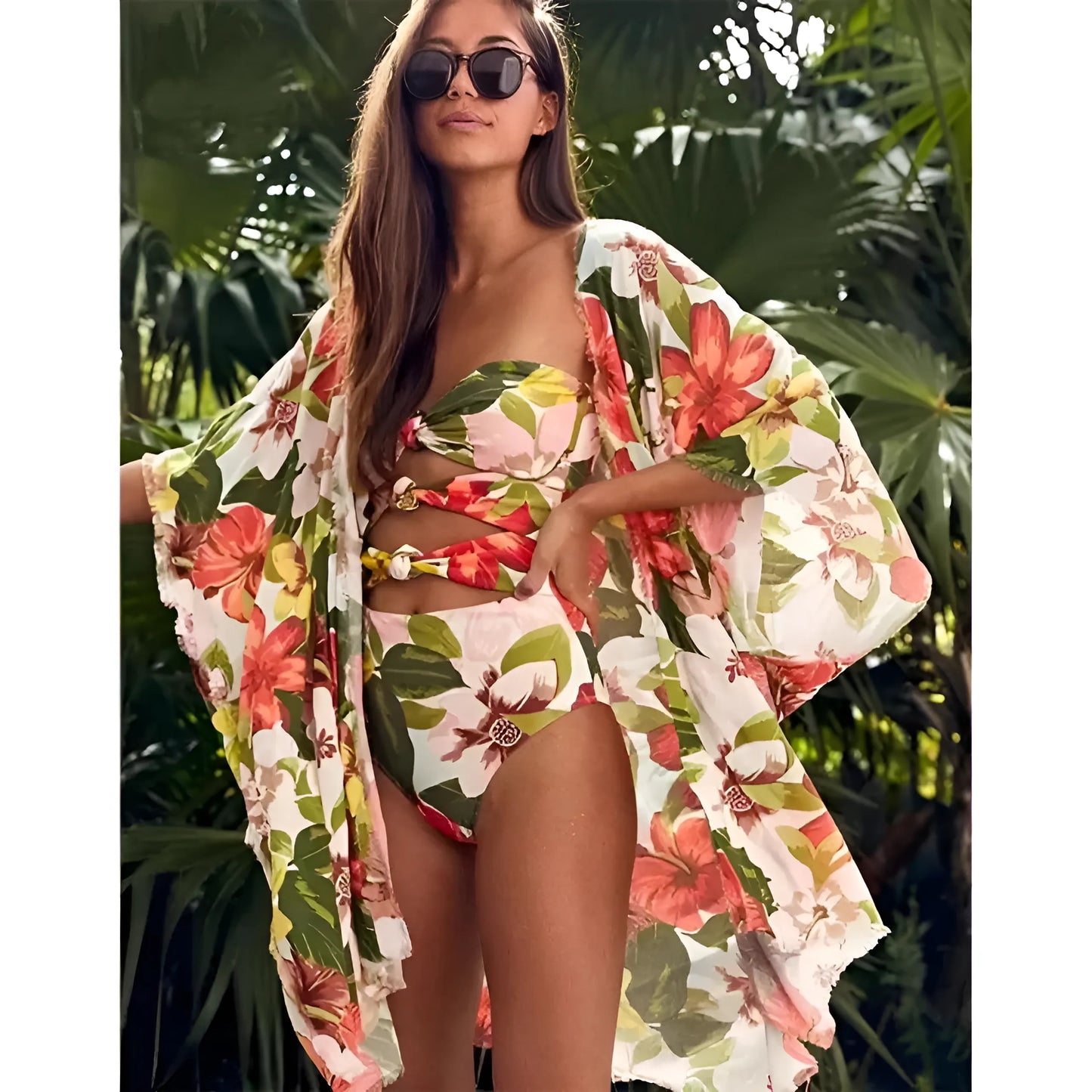 Pomarańczowy Krótkie kimono plażowe w kwiaty