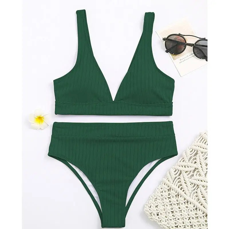 Prążkowany strój kąpielowy dwuczęściowy - Zielony / S