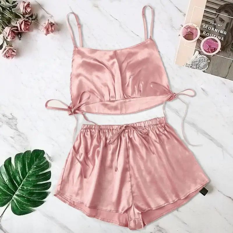 Satynowa piżama z wiązaniem - Różowy / S