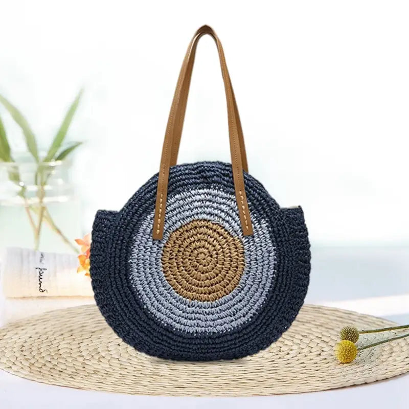 Słomiana torba plażowa w okrągłym kształcie - Niebieski