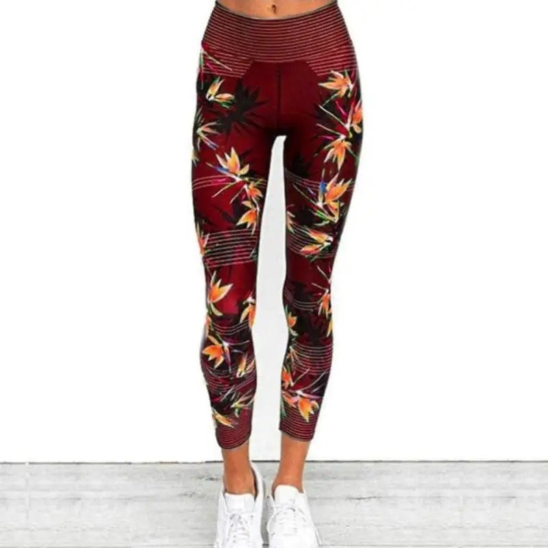 Sportowe legginsy z motywem kwiatów - Czerwony / S