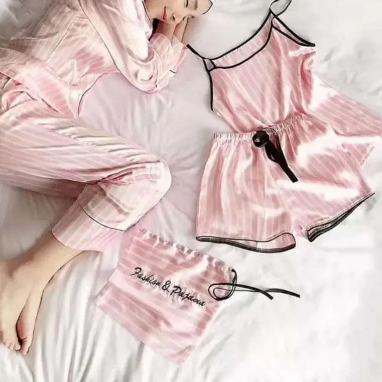 Sześcioelementowy komplet do spania w paski - Różowy / S